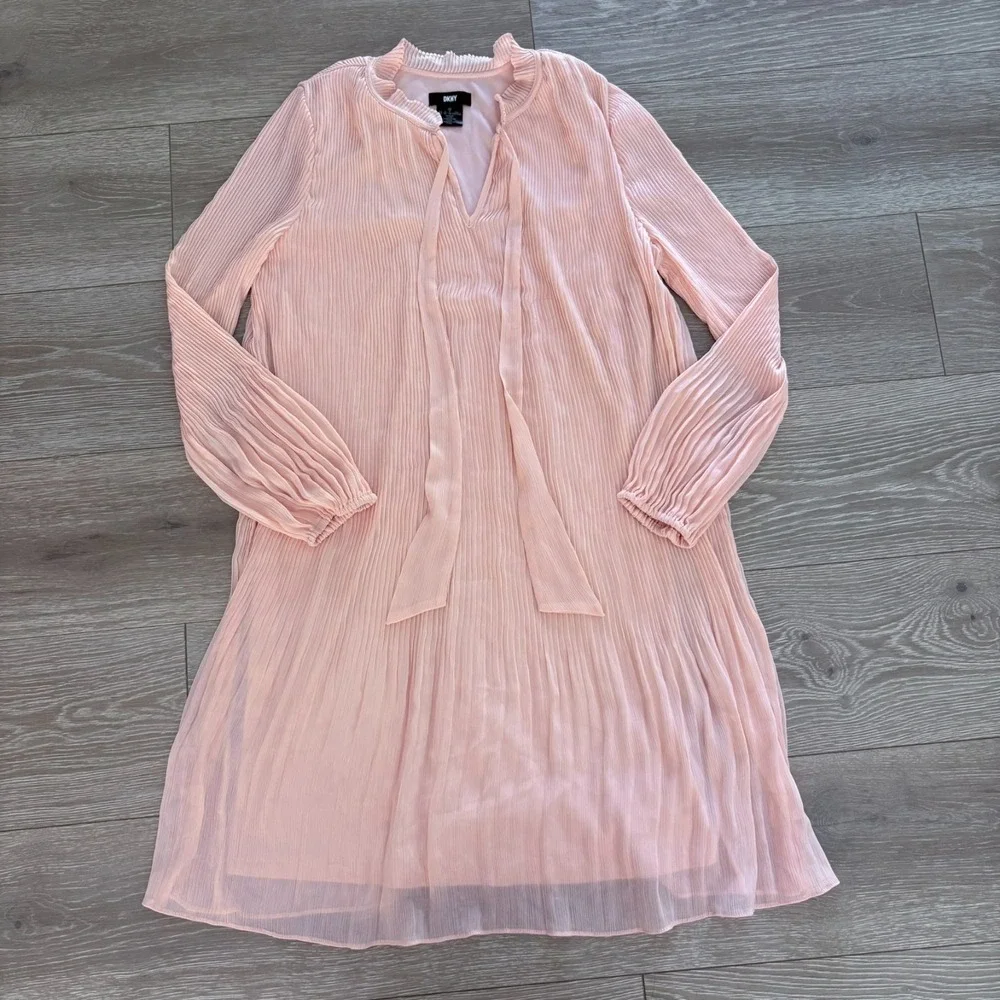 DKNY Womens Pink Tie Neck Long Sleeve Classic Look Pleated Swing Dress Size 12 - Picture 10 of 14